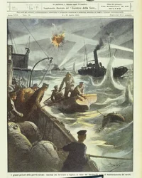 Marineros de las fuerzas aliadas intentando desactivar minas bajo fuego de artillería turca, durante la Primera Guerra Mundial