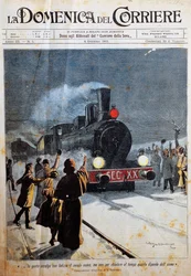 Llegada del nuevo siglo, gente dando la bienvenida al nuevo siglo con alegría, ilustración de Achille Beltrame (1871-1945), de La Domenica del Corriere, 6 de enero