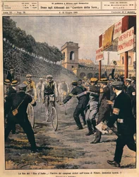 Llegada del ganador Luigi Ganna a la Arena en Milán, final del Giro de Italia, ilustración de Achille Beltrame de La Domenica del Corriere, 6 de junio