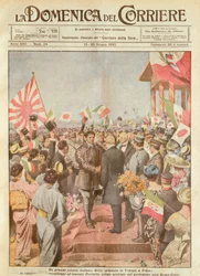 Arturo Ferrarin, aviador de larga distancia, recibido en Tokio como el primero en llegar en la ruta Roma-Tokio, ilustración de Achille Beltrame, de La Domenica del Corriere