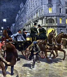 Atentado contra el emperador de Alemania Guillermo II (1859 - 1941) durante su trayecto en carruaje hacia la estación de Bremen, la noche del 6/03/1901 (Ilustración de Beltrame, La Domenica del Corriere, 17/06/1901)