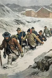Trabajadores italianos cruzando el Paso de San Bernardo entre Aosta y Suiza. Portada de “La Domenica del Corriere”. 14/02/1904.