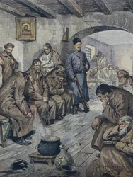 BELTRAME, Achille (1871-1945). Prisioneros rusos en huelga de hambre por la libertad de sus compañeros tuberculosos. Ilustración de A. Beltrame, La Domenica del Corriere, 19 de junio
