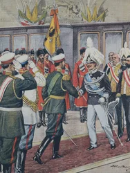 Víctor Manuel III. Rey de Italia (1900-1946); Nicolás II. Zar de Rusia (1894-1917). Rusia. El Zar recibe al Rey Víctor Manuel III de Italia en Peterhof. Ilustración de A. Beltrame. La Domenica del Corriere