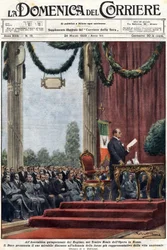 Benito Mussolini pronunciando su discurso en el Teatro Reale de la Ópera de Roma ante los dirigentes del régimen. Ilustración de Achille Beltrame. «La Domenica del Corriere» del 24 de marzo de 1929