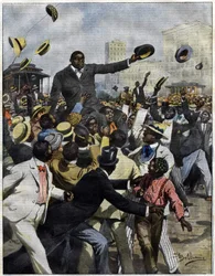 El boxeador Jack Johnson llegó a Chicago en 1910. Ilustración de Achille Beltrame para La Domenica del Corriere