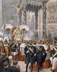 Coronación del papa Pío X en la basílica de San Pedro, Vaticano, ilustración de Achille Beltrame de La Domenica del Corriere
