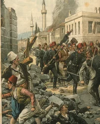 Ilustración de portada de los búlgaros invadiendo Tesalónica aterrorizando a su población