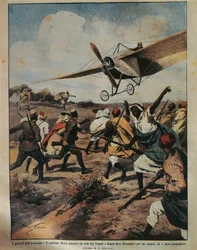 Ilustración de portada del Capitán Moizo intentando un aterrizaje forzoso durante la Campaña Africana, por Achille Beltrame, de La Domenica del Corriere, 22 de septiembre de 1912
