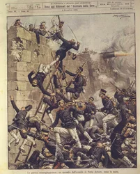 Ilustración de portada del asedio de Port Arthur en China durante la Guerra Ruso-Japonesa de 1904-1905