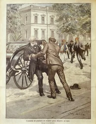 Ilustración de portada del asesinato del primer ministro griego Delyannis; Atenas, Grecia
