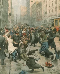 Ilustración de portada de mujeres protestando contra el desempleo en la calle; Nueva York, EE.UU.