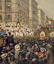 Multitudes durante el carnaval en Nápoles, por Achille Beltrame, ilustración, de La Domenica del Corriere, 31 de enero de 1904