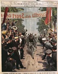 Ciclistas en el Giro de Italia, Luigi Ganna en la llegada de la etapa, ilustración por Achille Beltrame de La Domenica del Corriere, 30 de mayo