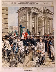 Desfile de ciclistas por el Arco de la Paz, celebración del Touring Club Italiano en Milán, Italia, ilustración por Achille Beltrame de La Domenica del Corriere, 4 de junio