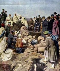 Descubrimiento de un busto de Júpiter en Sabratha en Libia en 1925. Ilustración de Achille Beltrame