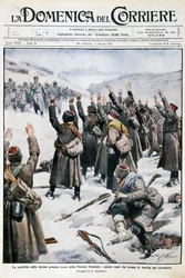 Derrota del décimo ejército ruso en Prusia Oriental: soldados rusos levantando los brazos en señal de rendición, placa de Achille Beltrame de La Domenica del Corriere, 28 de febrero-7 de marzo de 1915