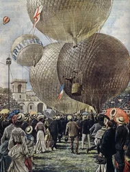 Despegue de globo aerostático en el Show Aéreo de Milán, ilustración por Achille Beltrame de La Domenica del Corriere, 19 de junio