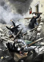 Desastre en un edificio en Génova: buenas hermanas desaparecidas en el colapso de dos apartamentos. Ilustración de Beltrame. "La Domenica del Corriere". 04/1914