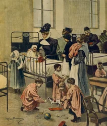 Distribución de regalos de Navidad a niños pobres en el hospital, ilustración de Achille Beltrame, de La Domenica del Corriere, 23 de noviembre de 1900