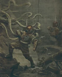 Buzo atacado por un pulpo gigante durante una inmersión, por Achille Beltrame, ilustración, de La Domenica del Corriere, 25 de octubre de 1908