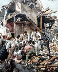 Terremoto en Reggio (Calabria) el 28/12/1908. Los soldados buscan en los escombros a las víctimas del terremoto. Ilustración de Beltrame