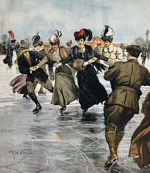 Pasatiempos de moda, patinaje sobre hielo, ilustración de Achille Beltrame, de La Domenica del Corriere, 27 de enero