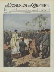 Episodios de vida bélica en Tripolitania, oficiales y soldados asisten en los puestos fortificados