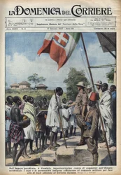 Fascismo 1937: Reuniones en Gambela, el centro comercial del Imperio Etíope, de jefes y personalidades indígenas para hacer un acto de adhesión al gobierno italiano. Ilustración de Achille Beltrame en "La domenica del corriere" 17/01/1937