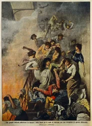 Incendio en gran fábrica textil americana: trabajadores en la escalera, ilustración por Achille Beltrame, de La Domenica del Corriere, 10 de agosto
