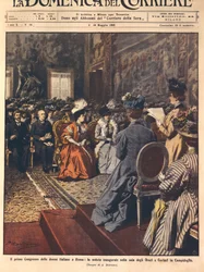 Primer congreso de mujeres italianas en el Capitolio, Roma, ilustración por Achille Beltrame de La Domenica del Corriere, 3 de mayo