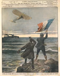Aviador francés Louis Blériot, primera persona en cruzar el Canal de la Mancha, celebraciones en la costa inglesa, 25 de julio