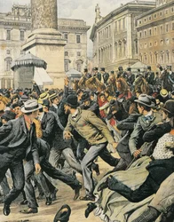 Huelga general de trabajadores en Roma, por Achille Beltrame, ilustración, Ilustrador Achille Beltrame, de La Domenica del Corriere