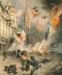 Bombardeo y ocupación de Amberes por los alemanes, por Achille Beltrame (1871-1945), ilustración de La Domenica del Corriere