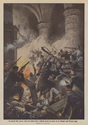 Episodios de la guerra, lucha entre soldados belgas y alemanes dentro de la iglesia de un pueblo en Flandes belga