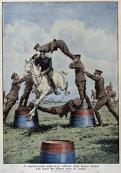 Salto de Caballo: Húsares Ingleses en las Pruebas del Torneo de Londres - dibujo de A. Beltrame, en “La Domenica del Corriere”
