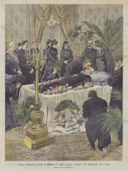 Los reyes visitan el cuerpo de Humberto I, recién llegados a Monza, en la tarde del 1