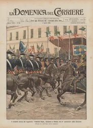 El carrusel histórico del regimiento Piemonte Reale Cavalleria en Brescia, en el 57º aniversario de la Storzesca