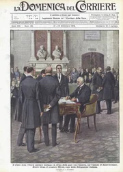 El fruto de la victoria militar italiana, la firma de la paz con Austria, en el Castillo de Saint-Germain