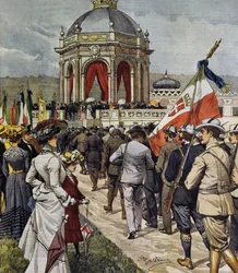 Inauguración de la IV competencia de tiro en el polígono de Farnesina, Roma, Italia, ilustración por Achille Beltrame de La Domenica del Corriere, 25 de mayo
