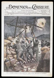 Soldados italianos colocando un caballo frisón en la trinchera, placa de Achille Beltrame para Domenica del Corriere, 2-9 de abril de 1916, Primera Guerra Mundial, Italia, siglo XX