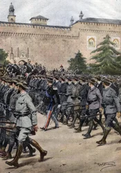 Las nuevas milicias de Italia: voluntarios de civil durante un desfile militar el 11 de noviembre en Milán. Ilustración de Beltrame. La Domenica del Corriere. 11/1914