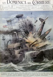 Kamikazes japoneses explotando en barcos enemigos - en “La Domenica del Corriere”, 21 de noviembre de 1943 (litografía)
