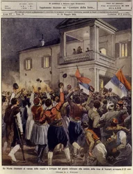 El rey Nicolás I de Montenegro ante una multitud en Cetiña tras la rendición de la ciudad de Shkodra, 4 de mayo