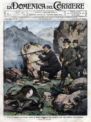 Rey de Italia Víctor Manuel III (Victor-Emmanuel) (Vittorio Emanuele) con el Príncipe Alberto I de Mónaco cazan el íbice. portada de la domenica del corriere del 14 de agosto de 1910