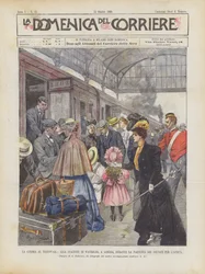 La guerra en Transvaal, en la estación de Waterloo, en Londres, durante la partida de los soldados hacia África