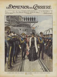 La reina madre a bordo del acorazado Regina Margherita en Spezia, para la entrega de la bandera