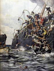 La catástrofe del Líbano: los pasajeros se lanzan al mar después de la colisión con otro transatlántico frente a Marsella. Ilustración de Beltrame. La Domenica del corriere. 1903