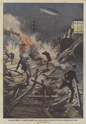 La guerra desde el aire, un dirigible nuestro lanza bombas sobre el nudo ferroviario de Divaccia, causando graves daños