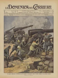 La guerra italo-turca, la batería de 149 dispersa en Bu-Kamech, cerca de la frontera tunecina, una caravana enemiga